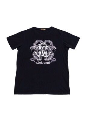 Roberto Cavalli Black Tee with White Snake Emblem